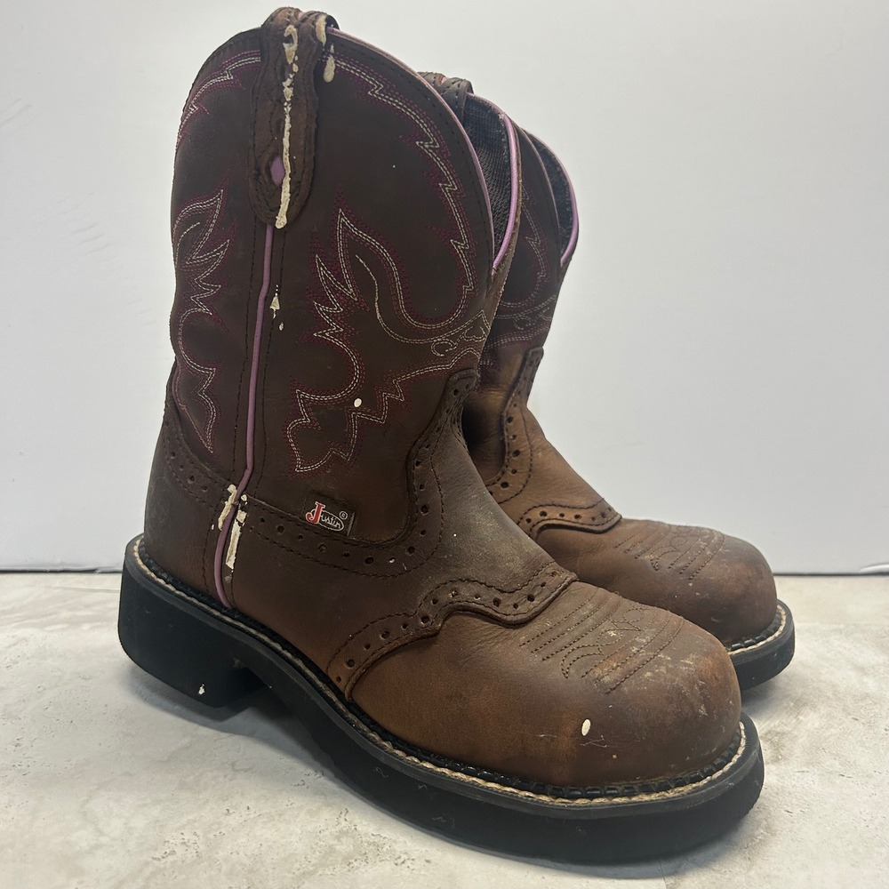 Justin Gypsy Steel Toe Work Boots Brown Pink Leather Women Size 6B WKL9980